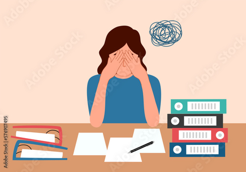 Woman employee feel stress in office. Headache while working with documents. Work load deadline. Stress at work.