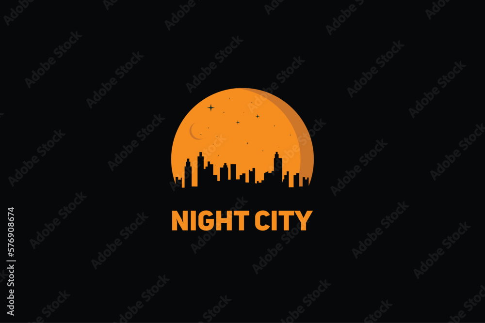 Night city skyline at full moon icon.
