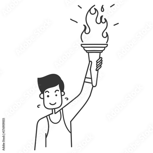 hand drawn doodle person holding torch stick with burning flame