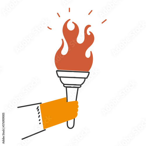 hand drawn doodle person holding torch stick with burning flame