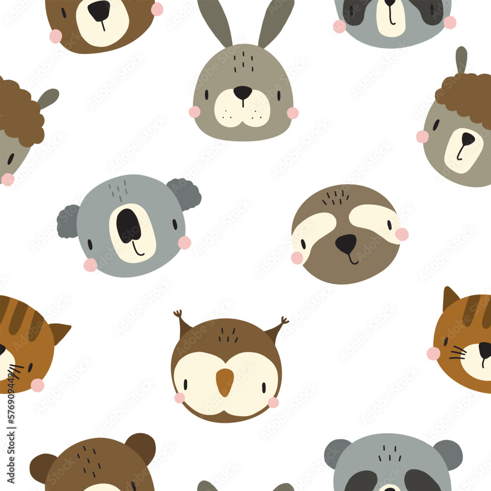 Seamless pattern with cute animal heads in boho style. Vector illustration for your design