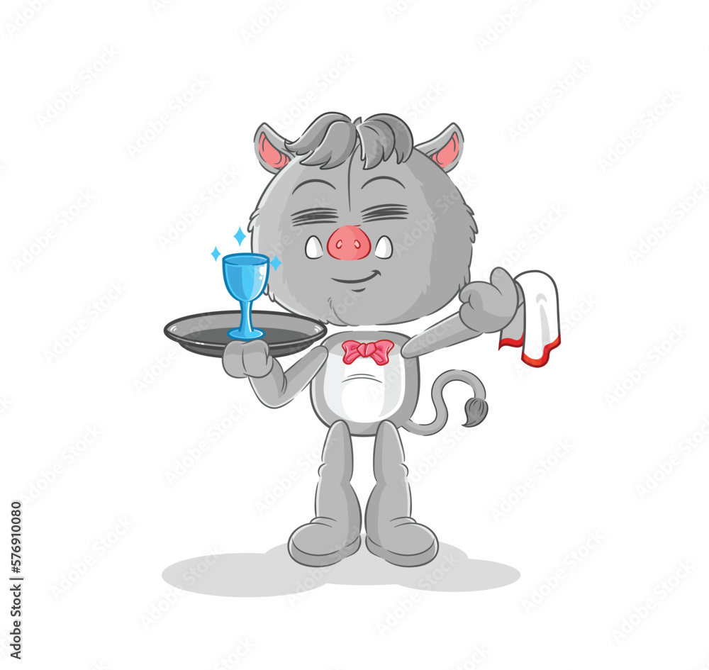 Naklejka premium wild boar waiter cartoon. cartoon mascot vector