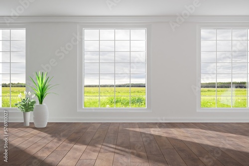 modern empty room with plants in white pots and beautiful background in windowsn interior design. 3D illustration