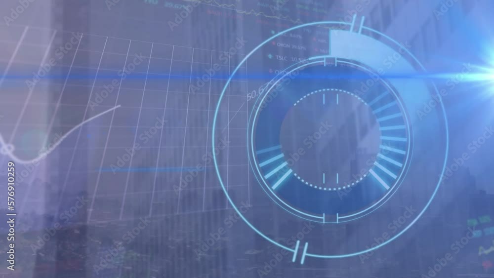 Animation of round scanner and stock market data processing over aerial view of cityscape Animation of round scanner and stock market data processing over aerial view of cityscape