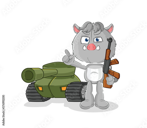 wild boar soldier with tank character. cartoon mascot vector