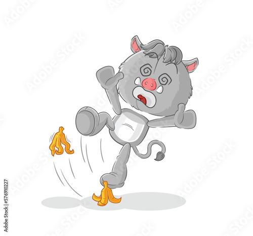 wild boar slipped on banana. cartoon mascot vector