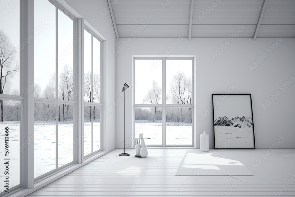 Obraz premium Picture a white, minimalist Scandinavian room with a hardwood floor, vast white walls, and a white landscape beyond the window. Style of the home that is typically found in northern countries