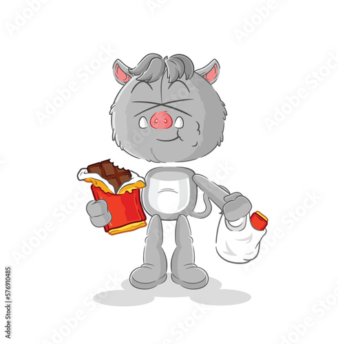 wild boar eat chocolate mascot. cartoon vector