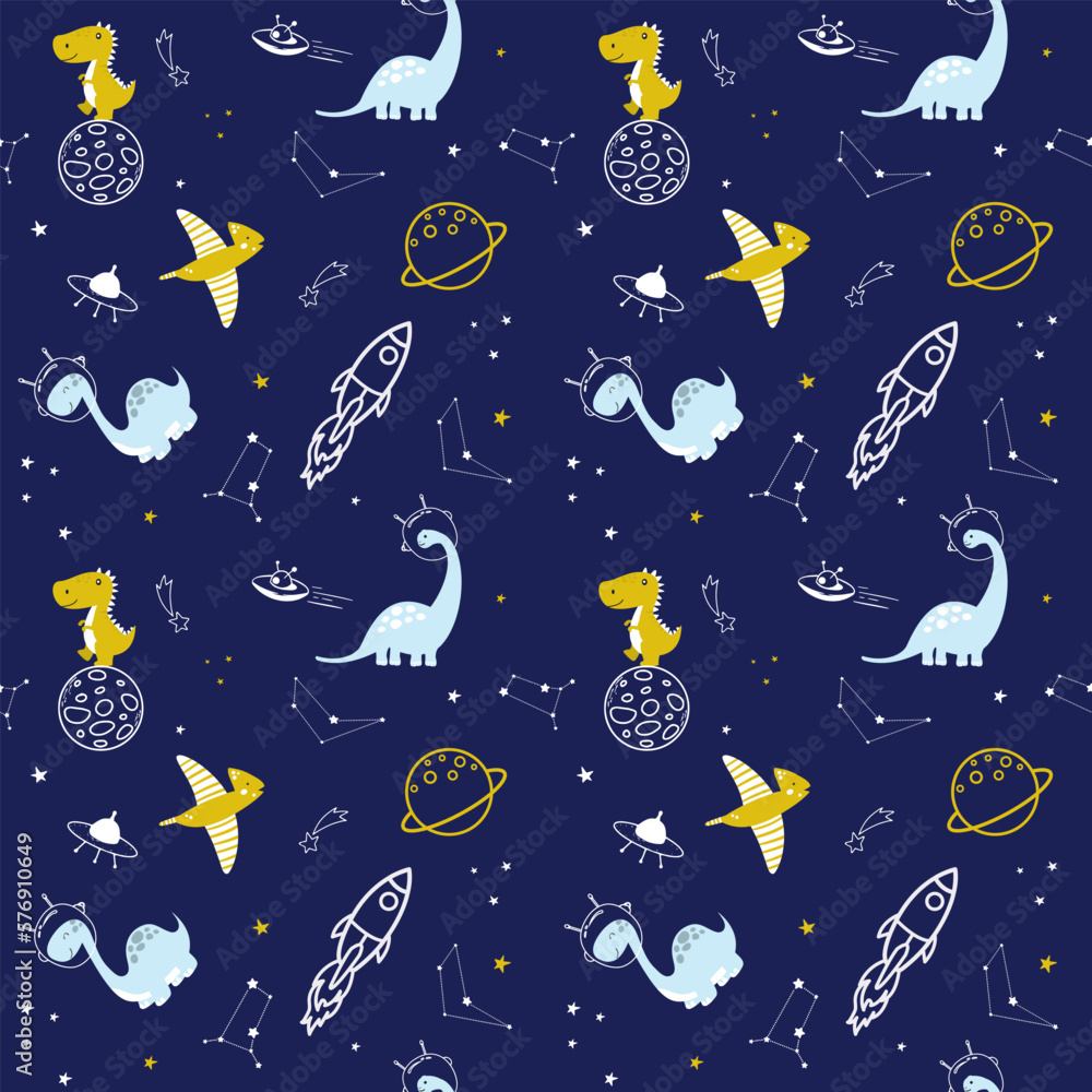 Fototapeta premium Cute dinosaurs, rockets, world and stars seamless kids pattern. Repeated vector illustration. Creative kids texture for fabric, wrapping, textile, wallpaper, apparel etc. 