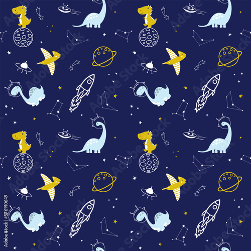 Cute dinosaurs, rockets, world and stars seamless kids pattern. Repeated vector illustration. Creative kids texture for fabric, wrapping, textile, wallpaper, apparel etc. 
