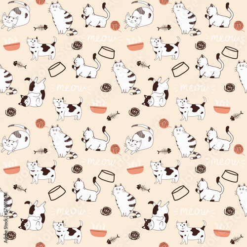 Kids seamless pattern with kitties. Cute childish repeated texture with funny cats. Creative kids texture for fabric, wrapping, textile, wallpaper, apparel etc.