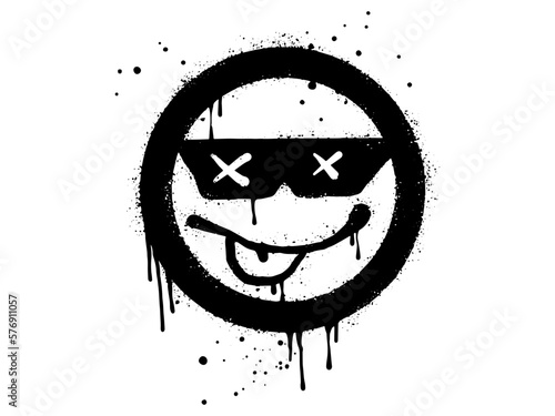Smiling face and Tongue out emoticon character with sunglasses. Spray painted graffiti smile face in black over white. isolated on white background. vector illustration