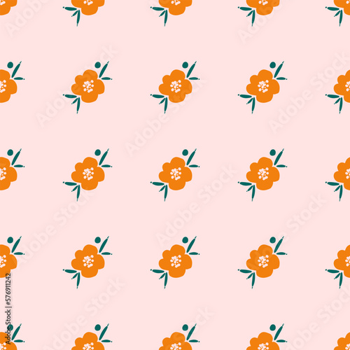 Seamless repeating pattern with orange flowers on pink background. Background or texture with flowers for fabric  wallpaper  textile  apparel  wrapping  scrapbooking  tags  cover  cards  invitation