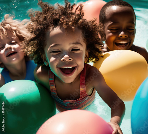 Happy children playing in a pool filled with colorful beach balls. Created using generative AI and image editing software. © ChikaArt