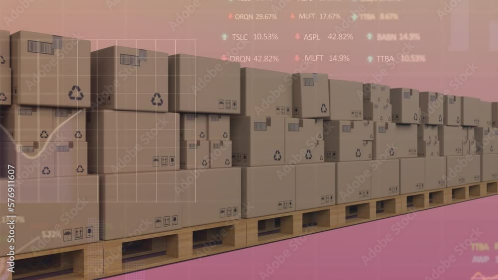 Animation of financial data processing over stack of cardboard boxes Animation of financial data processing over stack of cardboard boxes