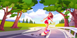 Girl riding on skateboard. Young woman character on skate on road. Summer landscape with mountain, trees, highway and girl in sport suit on longboard, vector cartoon illustration