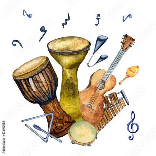 Composition of various percussion musical instruments watercolor illustration isolated. Guitar, congo, drum, xylophone, agogo hand drawn. Design element for flyer, concert events, poster, print photo