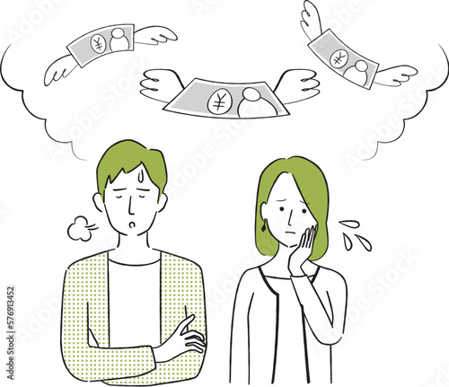 手描き1color  お金の心配をする夫婦