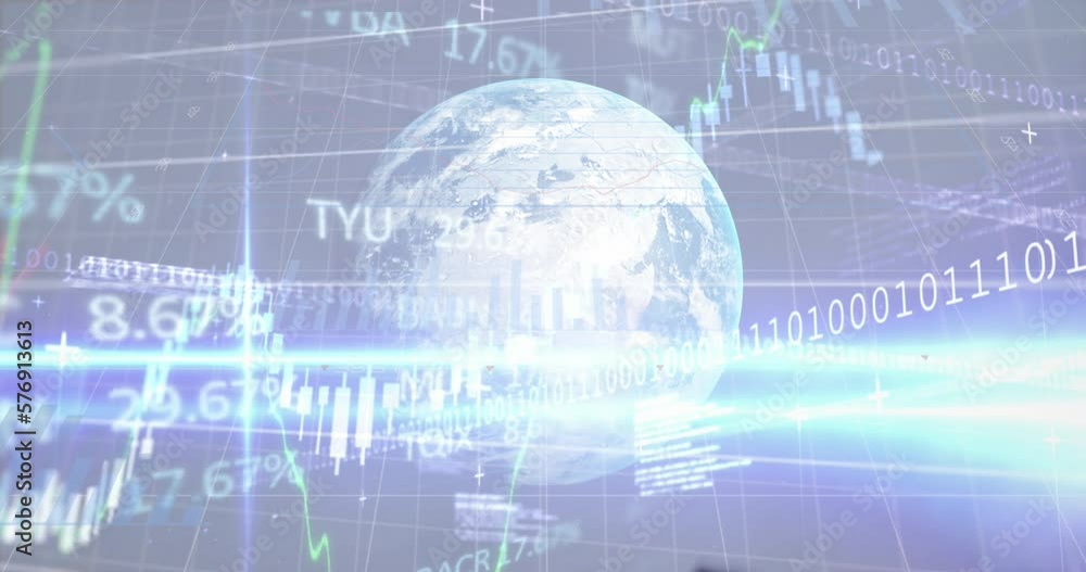 Animation of financial data processing and dollar bills over globe on white background Animation of financial data processing and dollar bills over globe on white background