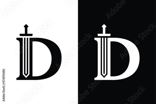 Letter D with sword combination concept on black and white background. Very suitable for symbol, logo, company name, brand name, personal name, icon and many more.
