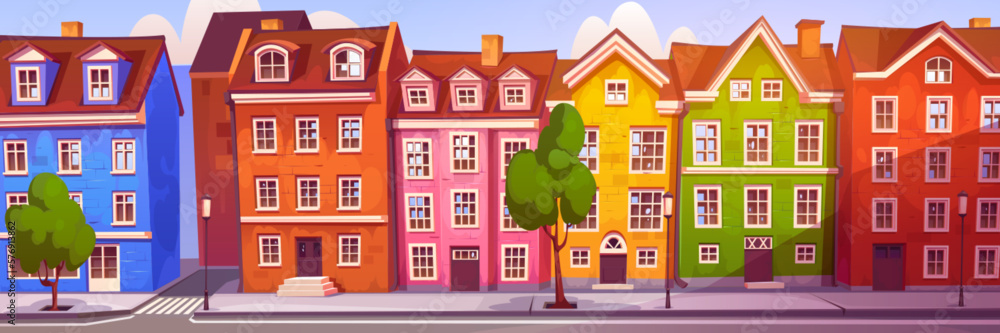 Scandinavian street road with building cartoon vector background. Cute house with chimney and window on roof outdoor art. Sidewalk near Stockholm home. Denmark townhouse facade exterior.