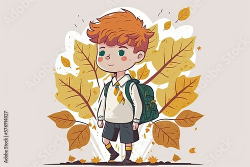 Little boy in school uniform with leaves in autumn. Generative AI