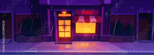 Bar on city street at night cartoon background. Rain weather town scene with light in cafe window. Rainy cityscape with bistro facade with tent. Urban coffeehouse shopfront on brick wall.