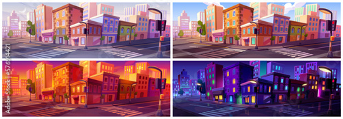 Fotografia City street set at night and day time cartoon landscape