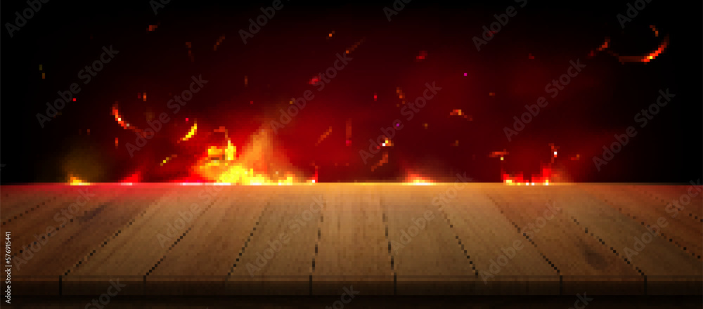 Oven fire burning at edge of wooden table. Vector realistic ...