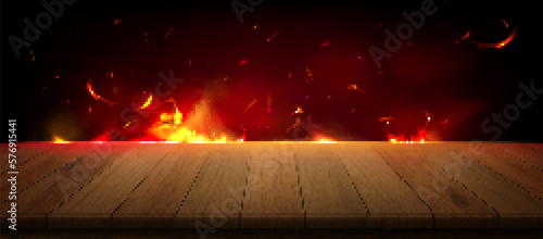 Oven fire burning at edge of wooden table. Vector realistic illustration of natural wood plank surface, red and orange flame with sparkes and smoke in air. Restaurant BBQ menu background design