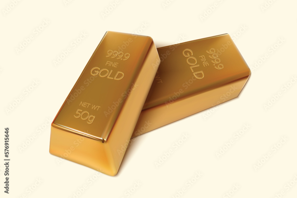 Two Gold bars on isolated background. 50gm Gold Ingot. 3D Render. Vector illustration. Two Gold bars on isolated background. 50gm Gold Ingot. 3D Render. Vector illustration.