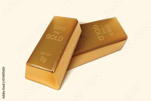 Two Gold bars on isolated background. 5gm Gold Ingot. 3D Render. Vector illustration.