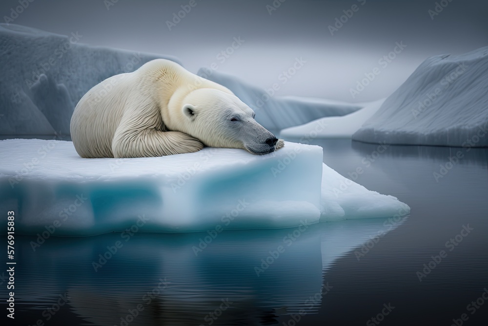 In the Svalbard Archipelago, a polar bear relaxes on the edge of an ice floe. Generative AI