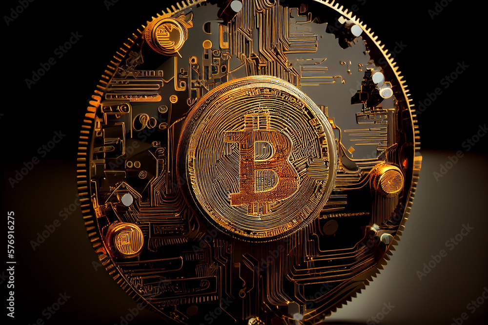 Golden metallic Bitcoin coin, abstract creative coin on network background, Generative AI