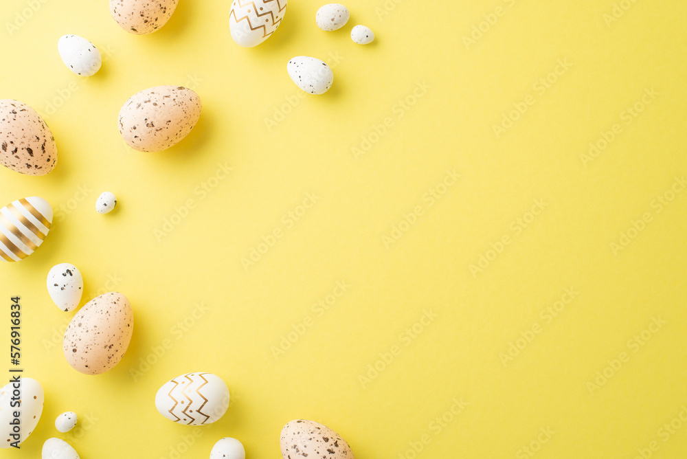 Easter decorations concept. Top view photo of light pink white and gold quail eggs on isolated yellow background with empty space