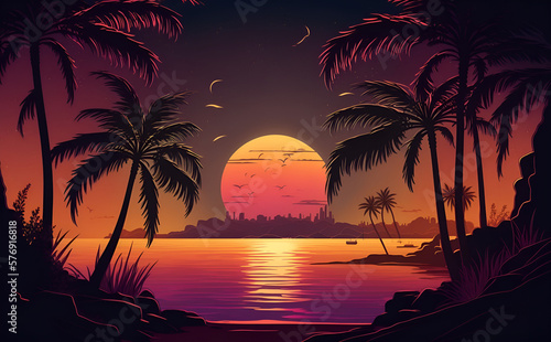 Beautiful nature with sunset over a calm ocean with palm trees. Generative AI © PrettyStock