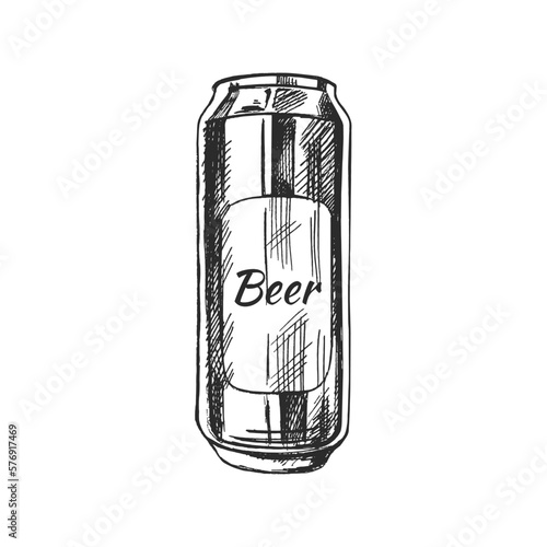 Hand-drawn sketch of beer can isolated on white background. Vector vintage engraved illustration.