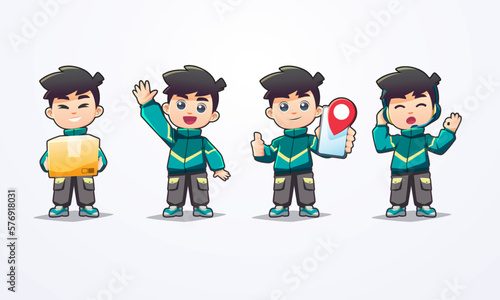 friendly mascot delivery man collection green yellow jacket