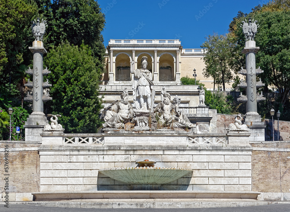 Fountain of the goddess of Rome at the foot of the Pincio Gardens, at Peoples Square, Piazza del Popolo in Rome, Italy