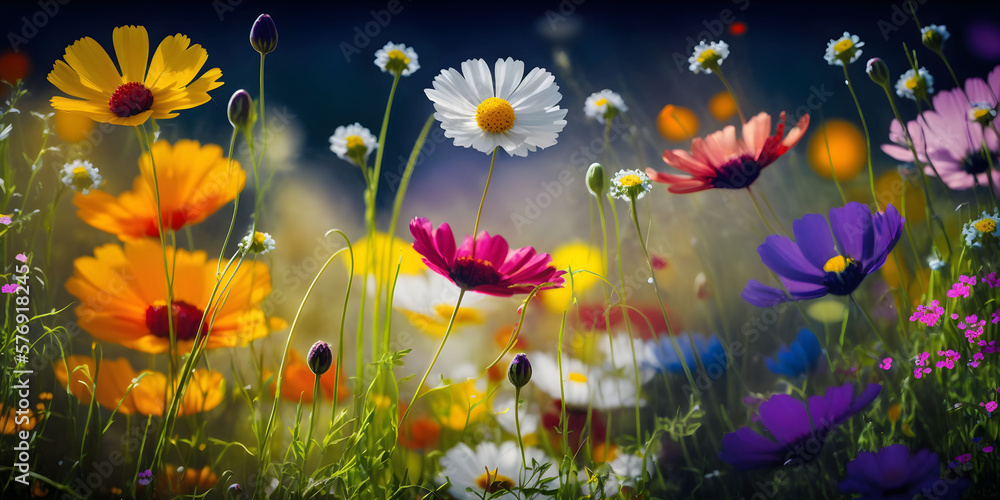 A beautiful Illustration of a flower meadow in spring. Generative AI. A beautiful Illustration of a flower meadow in spring. Generative AI.