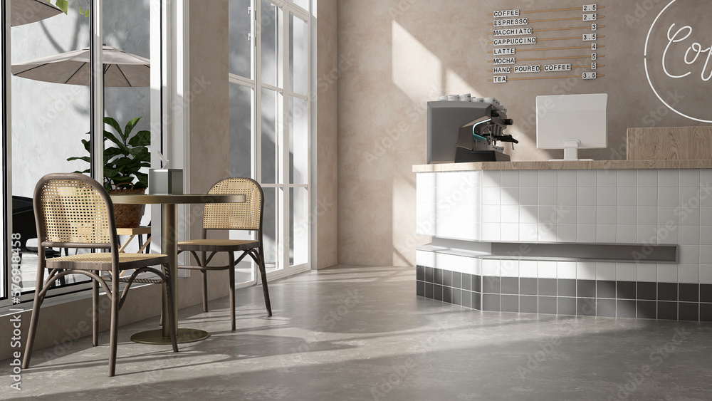 Modern design cafe, white square tile counter with espresso machine, cash register, rattan chair, coffee table in sunlight from outdoor garden on beige brown stucco wall, cement floor. Background 3D Modern design cafe, white square tile counter with espresso machine, cash register, rattan chair, coffee table in sunlight from outdoor garden on beige brown stucco wall, cement floor. Background 3D