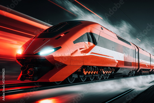 Futuristic red high speed train concept. Generative ai illustration © Ruqqq