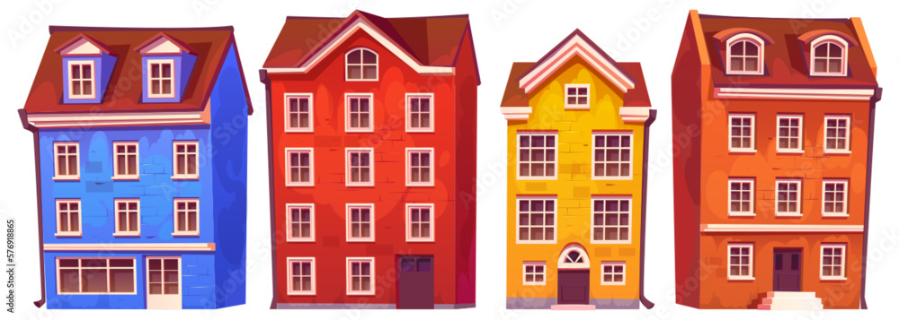 Scandinavian city houses and buildings. European town street real estate. Exterior of sweden architecture, houses with shop or cafe storefront isolated on white background, vector cartoon set