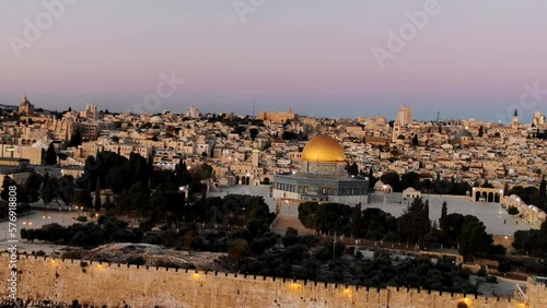 drone flying around the dome of the rock in Jerusalem Israel at dusk Dramatic Visual photo