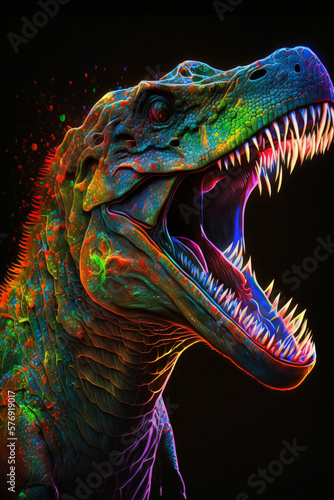 T-Rex Portraitillustration in leuchtenden Neonfarben - Generative KI 