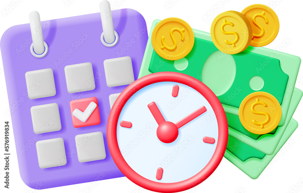 3D Clock, Calendar and Golden Coins 3D Clock, Calendar and Golden Coins