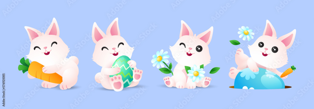 Happy easter with cute bunny, flower, carrot and eggs. Rabbit character set. Spring festive wildlife animal holidays cartoon