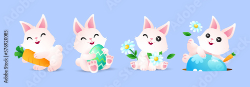 Happy easter with cute bunny  flower  carrot and eggs. Rabbit character set. Spring festive wildlife animal holidays cartoon