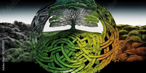 Irish Tree of Life with Celtic Knot design and Ireland Colors for St Patrick's Day Ai Art Computer Background Wallpaper