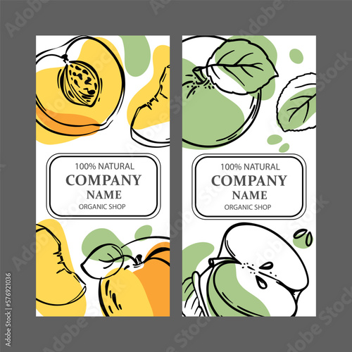 PEACH APPLE LABELS Vertical Stickers Design For Shop Of Tropical Organic Natural Fresh Juicy Fruits And Dessert Drinks In Sketch Style Vector Illustration Set